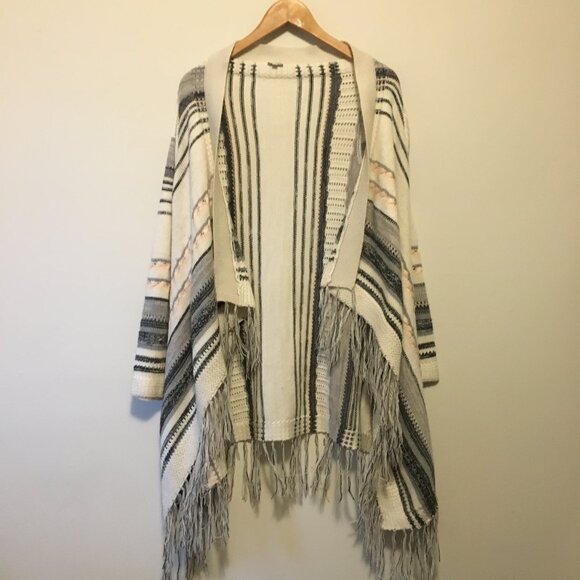 Neutral Cream, Grey, Black and Pink Arizonian Bohemian Tasseled Shawl - Picture 2 of 13